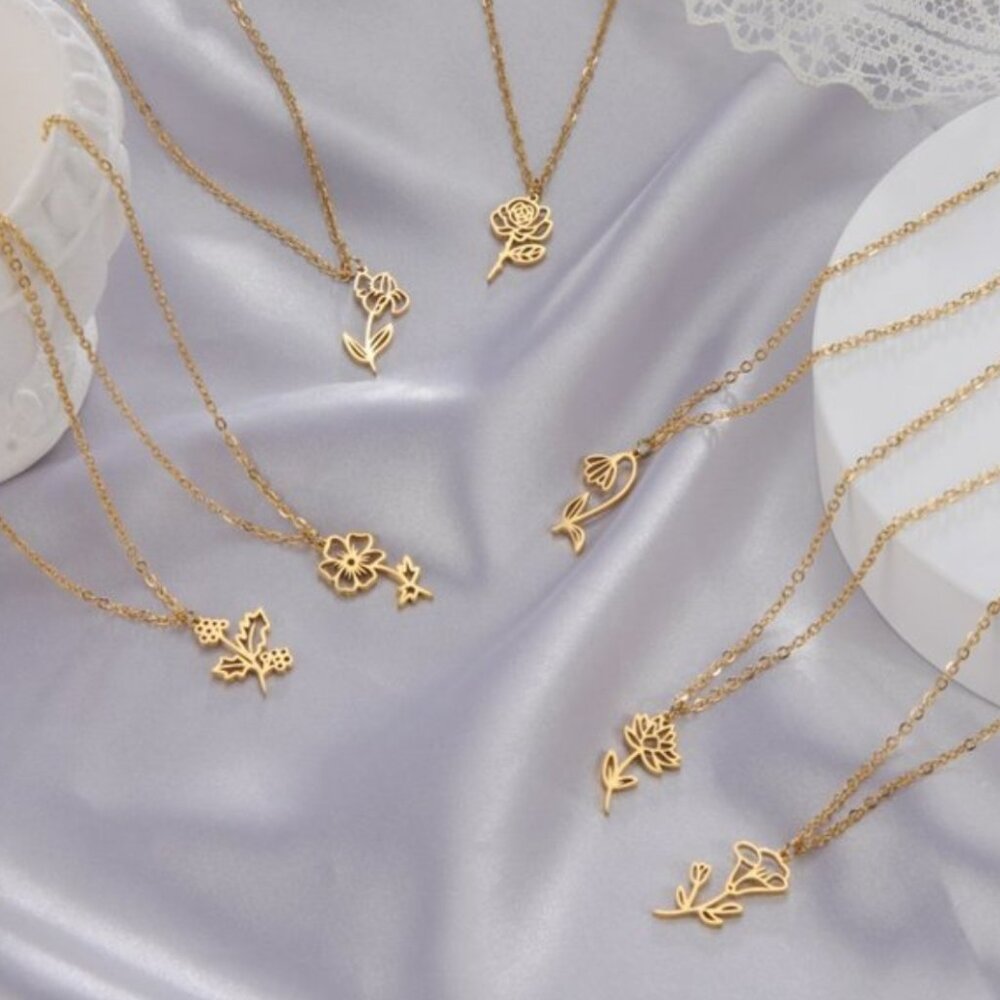 Birth month flower stainless steel necklace